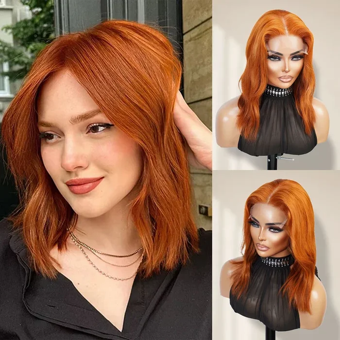 100% Human Hair Glueless 5×5 Closure Wig Beach wave Copper Ginger 14″ – SamsBeauty