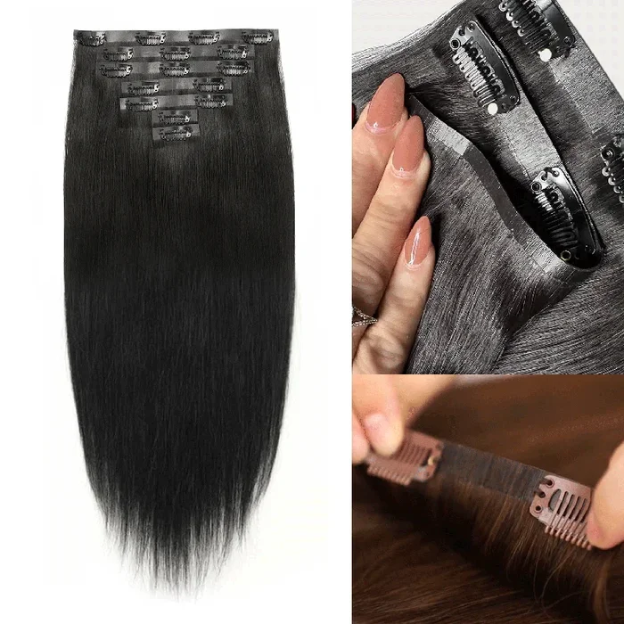 100% Human Hair Ultra Thin PU Seamless Clip In Extensions 7pcs Straight 18″ – SamsBeauty