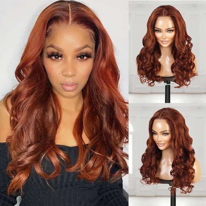 100% Human Hair Wear and Go Pre Cut Pre Plucked Glueless 13×4 Lace Front Wig Wavy Copper Brown 26″ – SamsBeauty