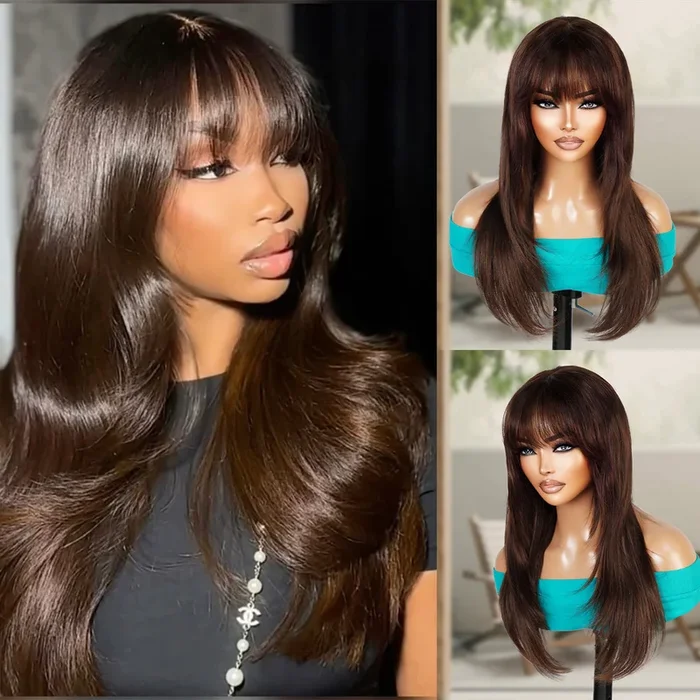 100% Human Hair Wear and Go Pre Cut Pre Plucked Glueless 13×5 Lace Front Wig Straight with Bang Brown 22″ – SamsBeauty