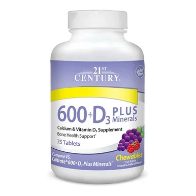 21St Century Calcium 600 Mg +D Plus Minerals Chewable Tablets Fruit Punch 75Count