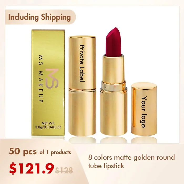 8 color matte golden round tube lipstick(50pcs free shipping)
