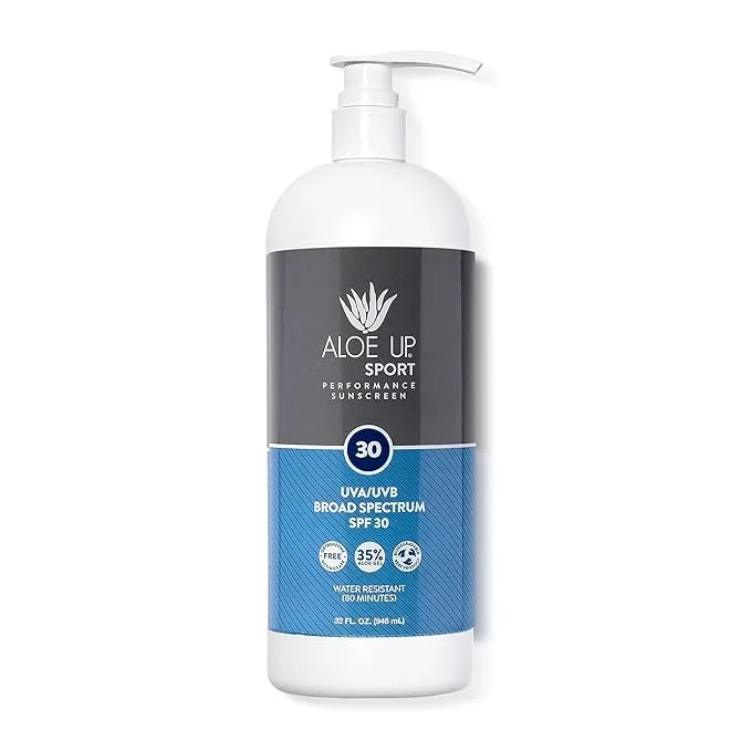 Aloe Up Sport Sunscreen Lotion SPF 30 – Broad Spectrum UVA/UVB Sunscreen Protector for Face and Body With Hydrating Aloe Vera Gel Non-Greasy No White Cast Reef Safe Fragrance-Free – 32 Oz.