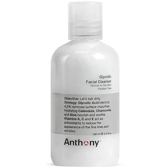 Anthony Glycolic Facial Cleanser for Men, Daily Exfoliating & Hydrating Face Wash, Shave Prep, Non-Foaming, Deep Cleansing, Gentle on Sensitive Skin, Removes Dirt & Oil, Smooths Texture, 3.4 Fl Oz