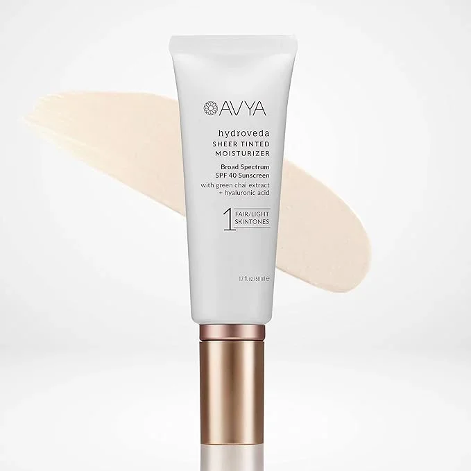 AVYA SPF 40 Sheer Tinted Moisturizer with Hyaluronic Acid & Green Chai – Advanced Ayurvedic Skincare Treatment for Balanced and Brighter Skin/Fair & Light Skintones Shade #1 (1.7oz/50ml)