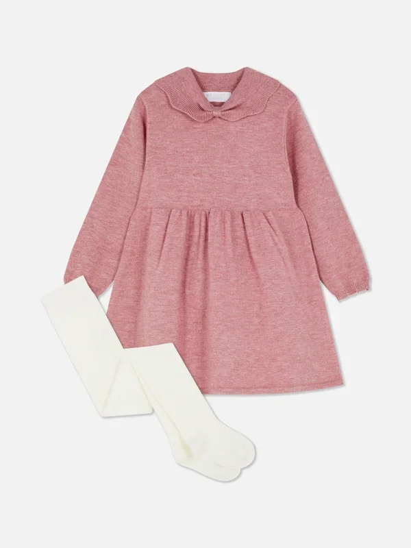 Baby Pink 036mths Bow Collared Jumper Dress and Tights Set Penneys