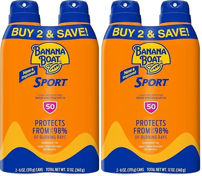 Banana Boat Sport Ultra SPF 50 Sunscreen Spray Twin Pack | Banana Boat Sunscreen Spray SPF 50, Spray On Sunscreen, Water Resistant Sunscreen, Oxybenzone Free Sunscreen Pack, 6oz each (Pack of 2)