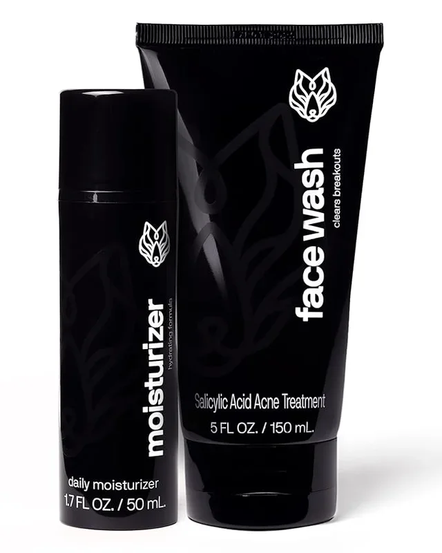 Black Wolf Face Wash and Oil-Free Moisturizer Gel Bundle for Oily Skin, Deep Clean- 2pc Bundle- Charcoal Powder and Salicylic Acid Reduce Acne Breakouts and Cleanse Your Skin- Gift Set for Men