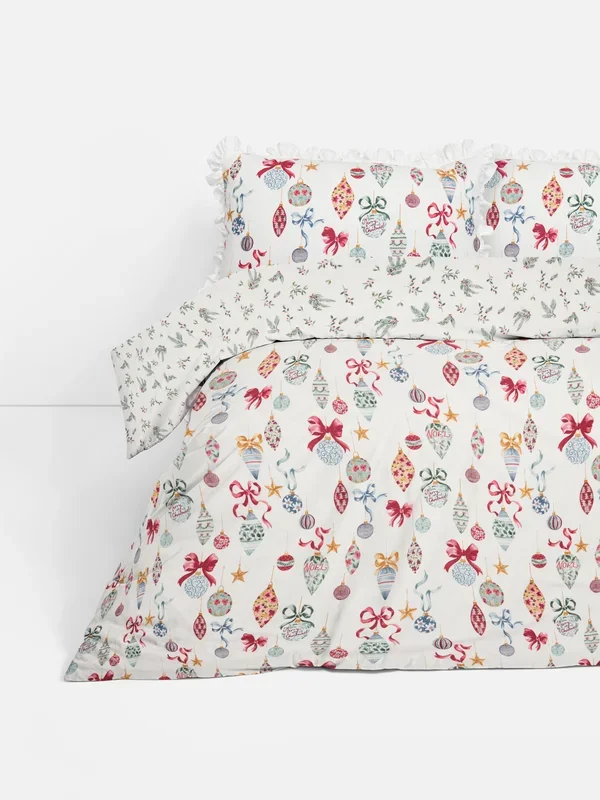 Blue Reversible Brushed Cotton bauble And Holly Double Duvet Cover Set Penneys