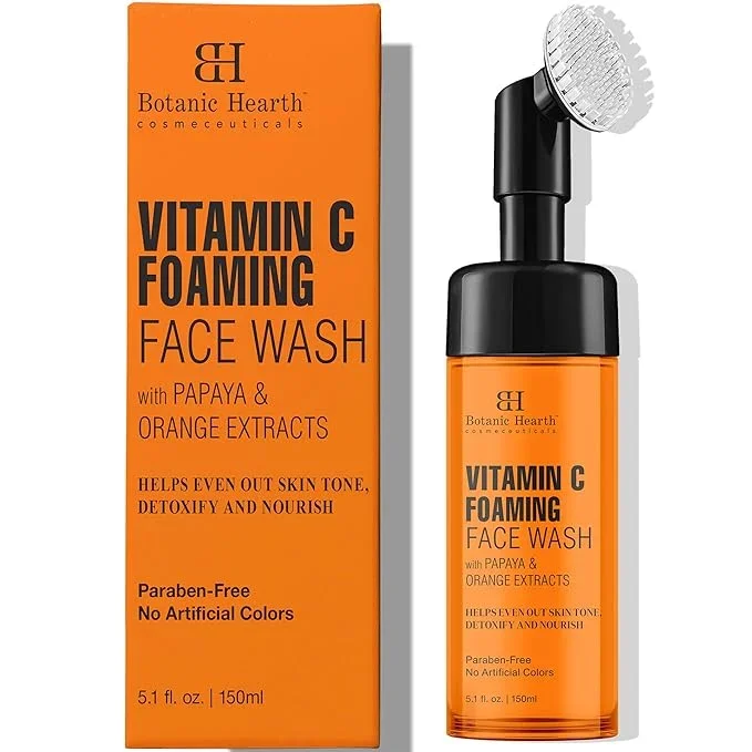 Botanic Hearth Vitamin C Foaming Face Wash With Papaya & Orange | Extracts Built|In Silicone Brush | For Cleansing & Glowing Skin | Paraben & Sulphate Free | Face Cleanser For Women & Men | 5.1 Fl Oz