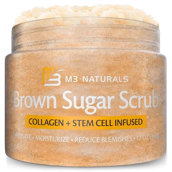 Brown Sugar Scrub Face Foot & Body Exfoliator Infused with Collagen and Stem Cell Exfoliating Salt Body Scrub for Toning Skin Cellulite Skin Care, 12oz by M3 Naturals
