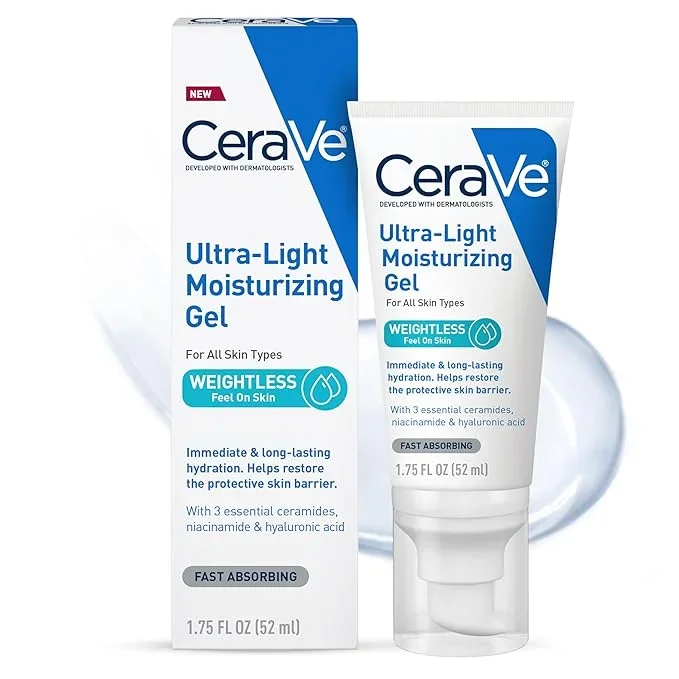 CeraVe Ultra-Light Moisturizing Gel, Hydrating Gel Face Moisturizer For Men & For Women with Ceramides, Niacinamide, Hyaluronic Acid, Fragrance Free, Oil-Free, Mattifying Moisturizer, 1.75 FL Oz