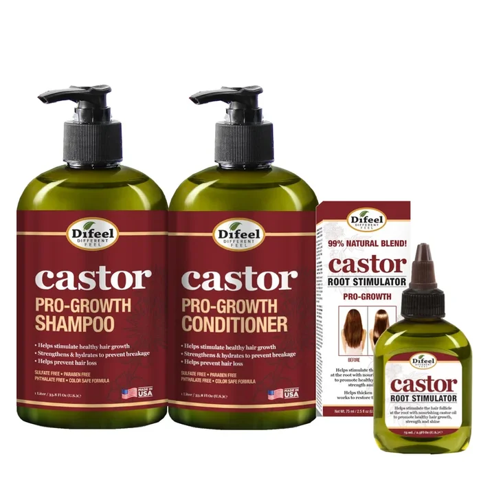 Difeel 3-PC Castor Pro-Growth Hair Growth: Cleansing & Treatment Set – Includes 12 oz Shampoo, 12oz Conditioner, & 2.5oz Root Stimulator