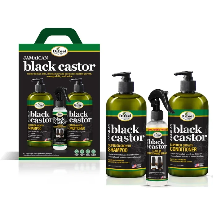 Difeel Jamaican Black Castor Shampoo, Conditioner & Leave in Conditioning Spray 3-PC Gift Set – Shampoo 33.8 oz., Conditioner 33.8 oz. and Leave in Conditioning Spray 6 oz.