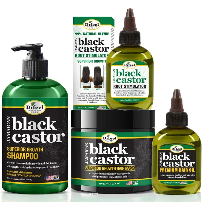 Difeel Jamaican Black Castor Superior Growth 4-PC Hair Treatment Set – Includes 12 oz Shampoo, 12 oz Hair Mask , 2.5 oz. Root Stimulator & 2.5 oz. Hair Oil