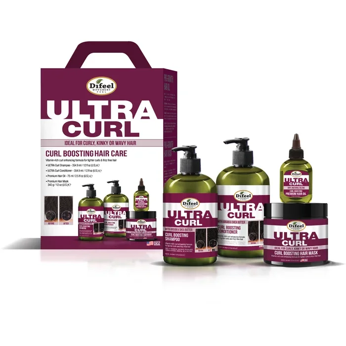 Difeel Ultra Curl 4-PC Curl Enhancing Hair Care Gift Set : Ultra Curl Shampoo 12 oz, Conditioner 12 oz, Hair Mask 12 oz. & Hair Oil 2.5 oz.