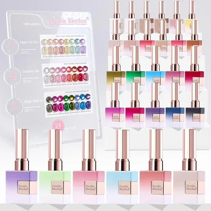 Double Rhythm 28Pcs 0.5Oz Glass Cat Eye Gel Nail Polish Set Same Color Same Bottle Soak Off Magnetic Jelly Gel Polish Kit Nail Art Manicure Salon DIY at Home (Nude Pink Blue Green-T24-10)