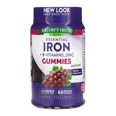 Essential Iron + BVitamins, Zinc, Natural Grape, 60 Vegan Gummies, Nature’S Truth