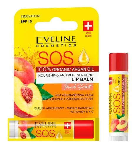 Eveline Cosmetics – SOS ARGAN OIL – NOURISHING AND REGENERATING LIP BALM – SPF15 – Peach Sorbet