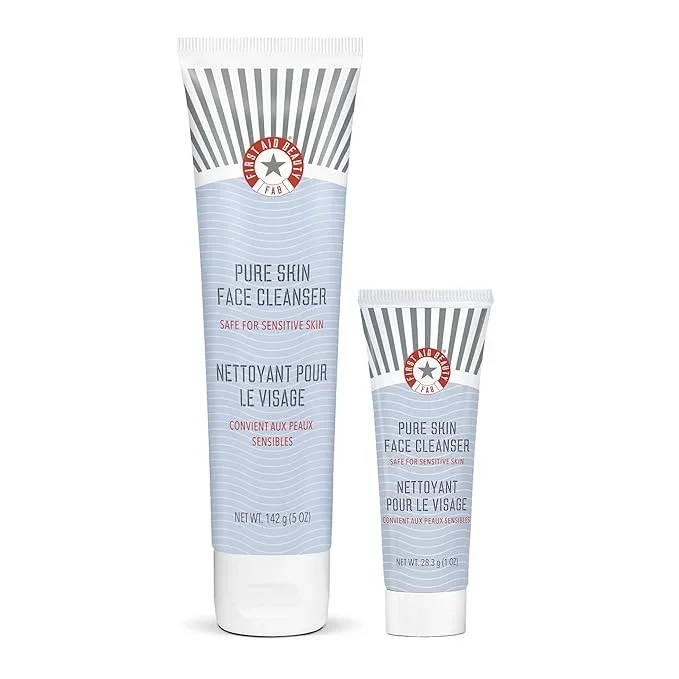 First Aid Beauty – Pure Skin Face Cleanser, Effectively Removes Makeup, Dirt, & Impurities, Gentle Cleanser Leaves Skin Soft & Supple, Safe for Sensitive Skin, Fragrance Free, 5 oz + Travel Size, 2ct