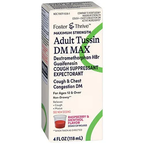 Foster & Thrive Adult Tussin DM Max Dextromethorphan HBr Guaifenesin Liquid Raspberry & Menthol 4 oz Thrifty White Health Essentials