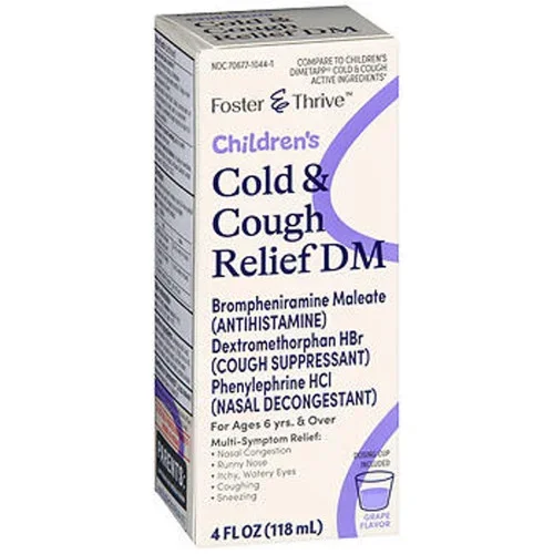 Foster & Thrive Children’s Cold & Cough Relief DM Brompheniramine Maleate Dextromethorphan HBr Phenylephrine HCl Liquid 4 oz Thrifty White Health Essentials