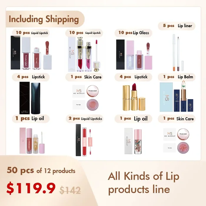 【Free Shipping】Sample Set of 50Pcs all Kinds of Lip products line