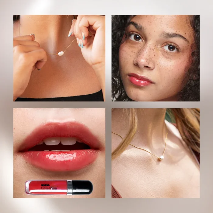 Frilliance x Handlevat — Gold Pearl Necklace & Cherry Glaze Gloss ?