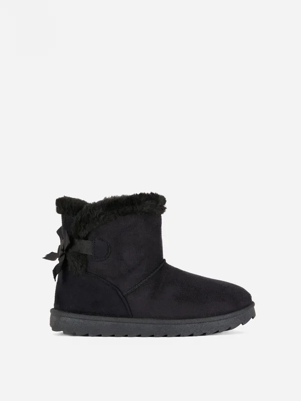 Girls Black Bow Faux Fur Trim Ankle Boots Penneys