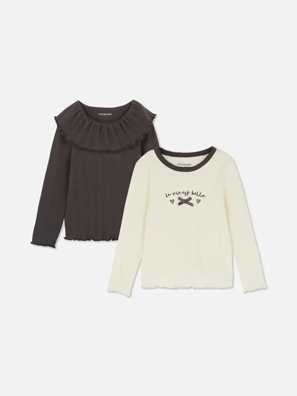 Girls Charcoal 1.58yrs 2pk Ribbed Lettuce Trim Long Sleeve TShirts Penneys