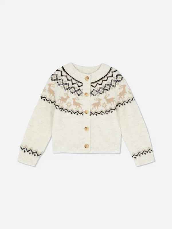 Girls Ecru 1.57yrs Kid’s Reindeer Fair Isle Family Christmas Cardigan Penneys