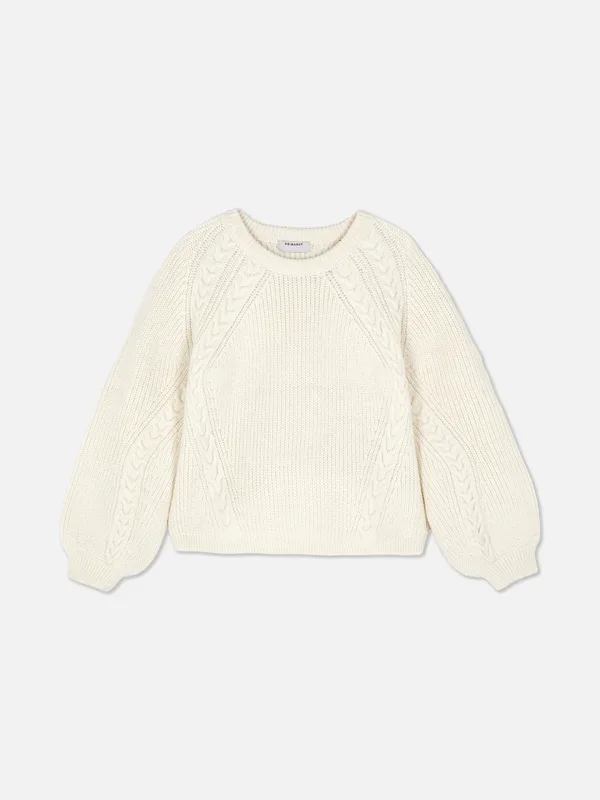 Girls Ecru 715yrs Cable Knit Balloon Sleeve Jumper Penneys