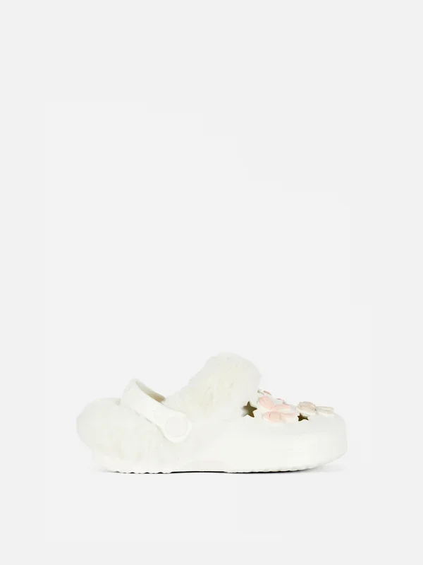 Girls Ecru Bow Faux Fur Lined Clog Slippers Penneys