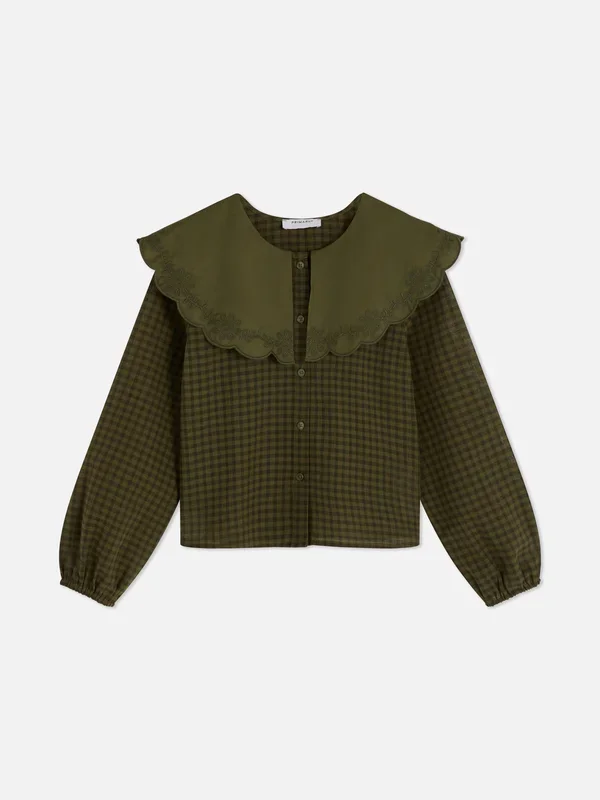 Girls Green 715yrs Scalloped Collar Gingham Blouse Penneys