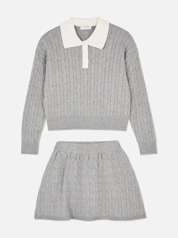 Girls Grey 715yrs Cable Knit Polo Jumper and Skirt Set Penneys