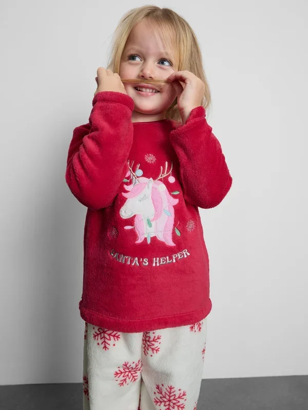 Girls Red 1.58yrs Christmas Unicorn Graphic Fleece Pyjamas Penneys