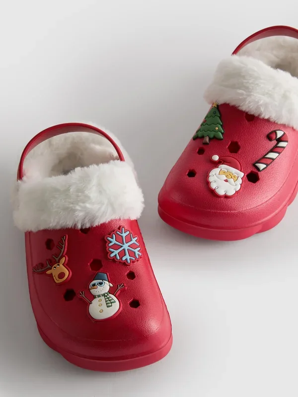 Girls Red Faux Fur Lined Christmas Clog Slippers Penneys