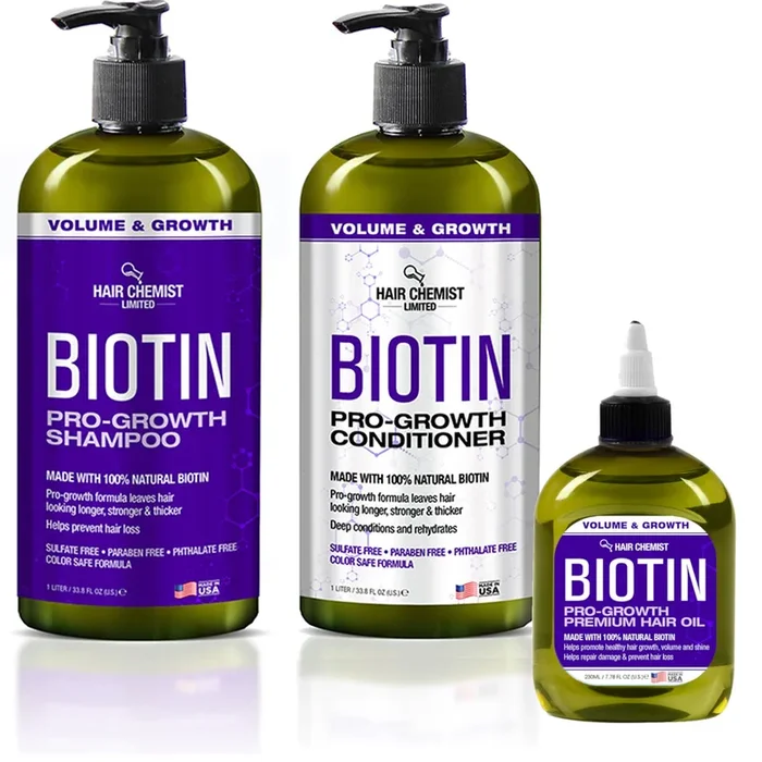 Hair Chemist Biotin Pro-Growth 3PC Hair Care Set – Includes 33.8oz Shampoo, 33.8oz Conditioner & 7.78oz Hair Oil