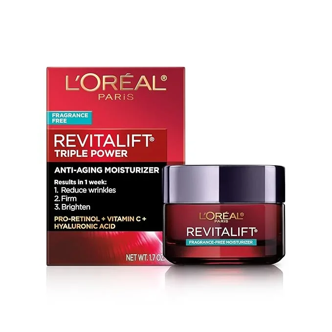 L’Oreal Paris Revitalift Triple Power Anti-Aging Face Moisturizer, Pro Retinol, Hyaluronic Acid & Vitamin C, Reduce Wrinkles, Fragrance Free 1.7 Oz