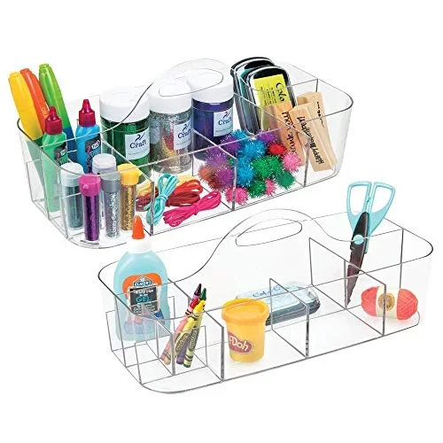 mDesign Plastic Portable Craft Storage Organizer Caddy Tote, Divided Basket Bin for Craft, Sewing, Art Supplies – Holds Paint Brushes, Colored Pencils, Stickers, Glue – Extra Large, 2 Pack – Clear