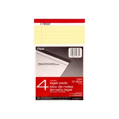 Mead Canary Legal Pads, Wide Ruled, 5 In X 8 In, 50 Perforated Sheets 4 Ea
