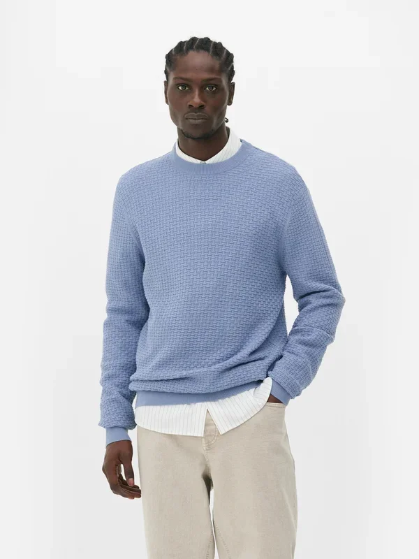 Men’s Blue Textured Crew Neck Jumper Penneys