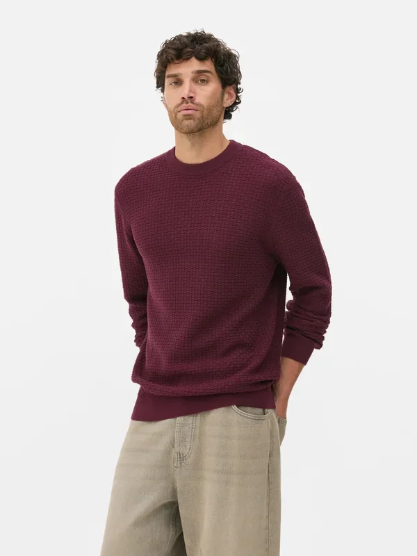 Men’s Burgundy Textured Crew Neck Jumper Penneys