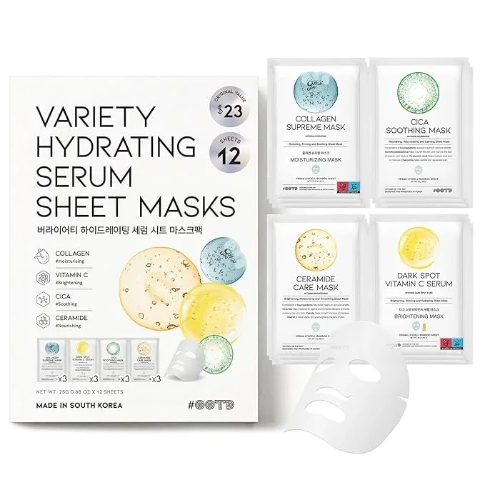 #OOTD Face Mask Korean Skincare for Dry Sensitive Skin | Hydrating, Revitalizing, Calming, Collagen, Ceramide, Cica, Vitamin C Serum Sheet Masks (12EA)