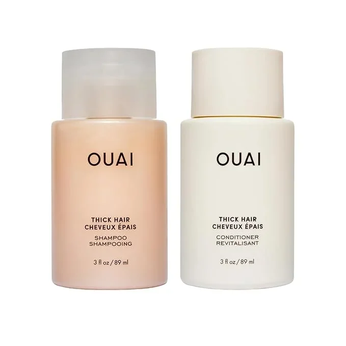 OUAI Thick Hair Shampoo & Conditioner Set, Travel Size – Moisturizing Shampoo & Conditioner – With Keratin, Marshmallow Root, Shea Butter & Avocado Oil – Sulfate, Paraben & Phthalate Free (3 Oz)