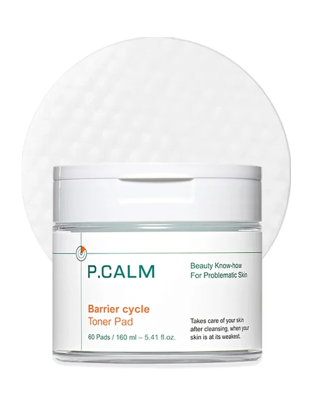 P.CALM Barrier Cycle Toner Pad – 60 Pads with Centella Asiatica & Papaya Extract for Soothing, Moisturizing & Exfoliating, Korean Vegan Facial Toners Pads for Sensitive Skin (160ml / 5.41 fl.oz)