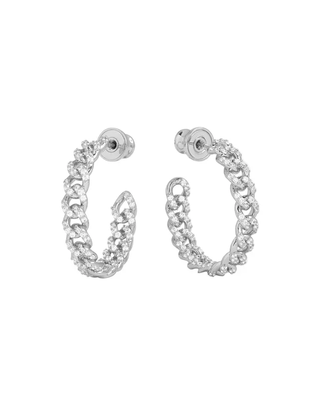 Pave Julian Chain Hoops 1″ Silver