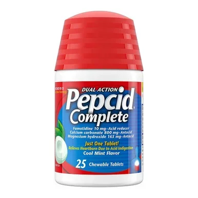 Pepcid Complete Acid Reducer + Antacid Chewable Tablets, Heartburn Relief, Mint 25 Count