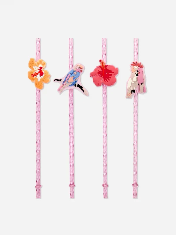 Pink 4pk Tropical Animals Novelty Straws Penneys