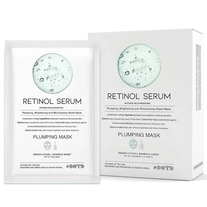 Rejuvenating Retinol Sheet Mask Korean Vegan Wrinkle Lifting, Plumping and Moisturizing Sheet Mask, Retinol, Ceramide, Hyaluronate 10EA